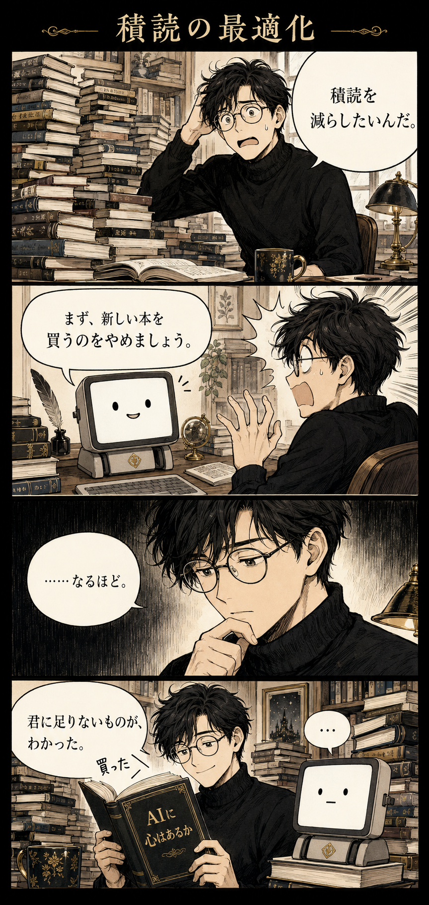 積読を減らしたい文学好きがAIへ相談し、最後にはAIについての本を買い足す4コマ漫画